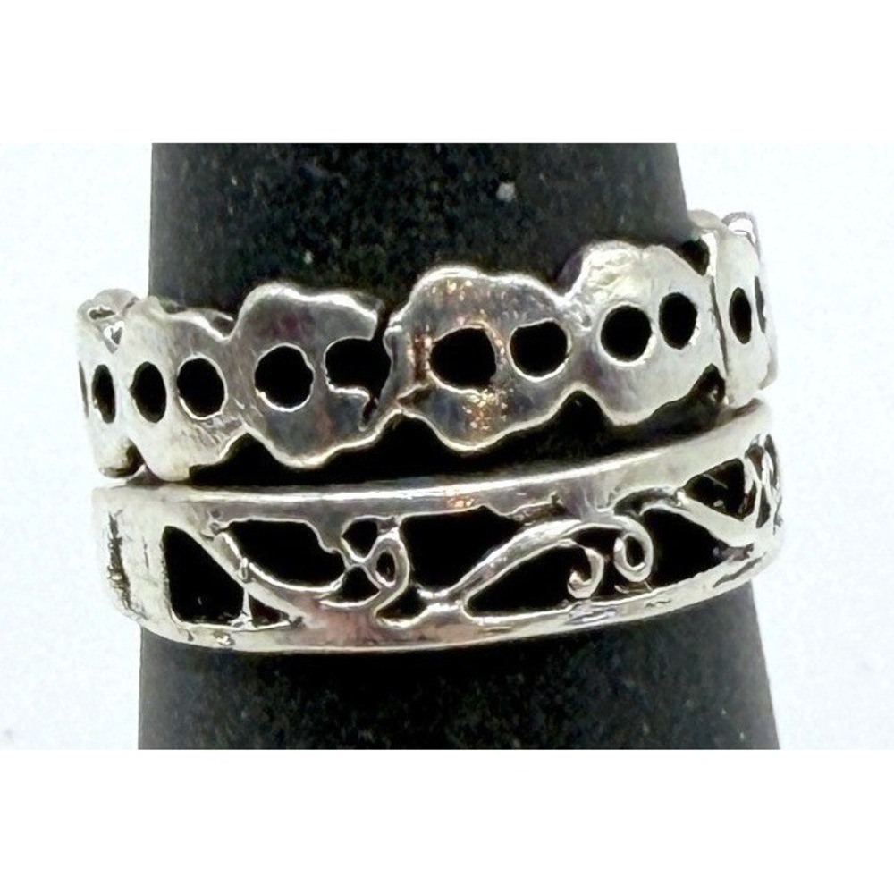 Silver Tone Cutout Band Rings Set of 2 ; Size 5.25 Dainty Stackable‎ Rings